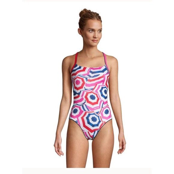 Lands End One Piece Swimsuit Umbrella Print Blue Pink Red Lined Womens Size 14 - Picture 1 of 9